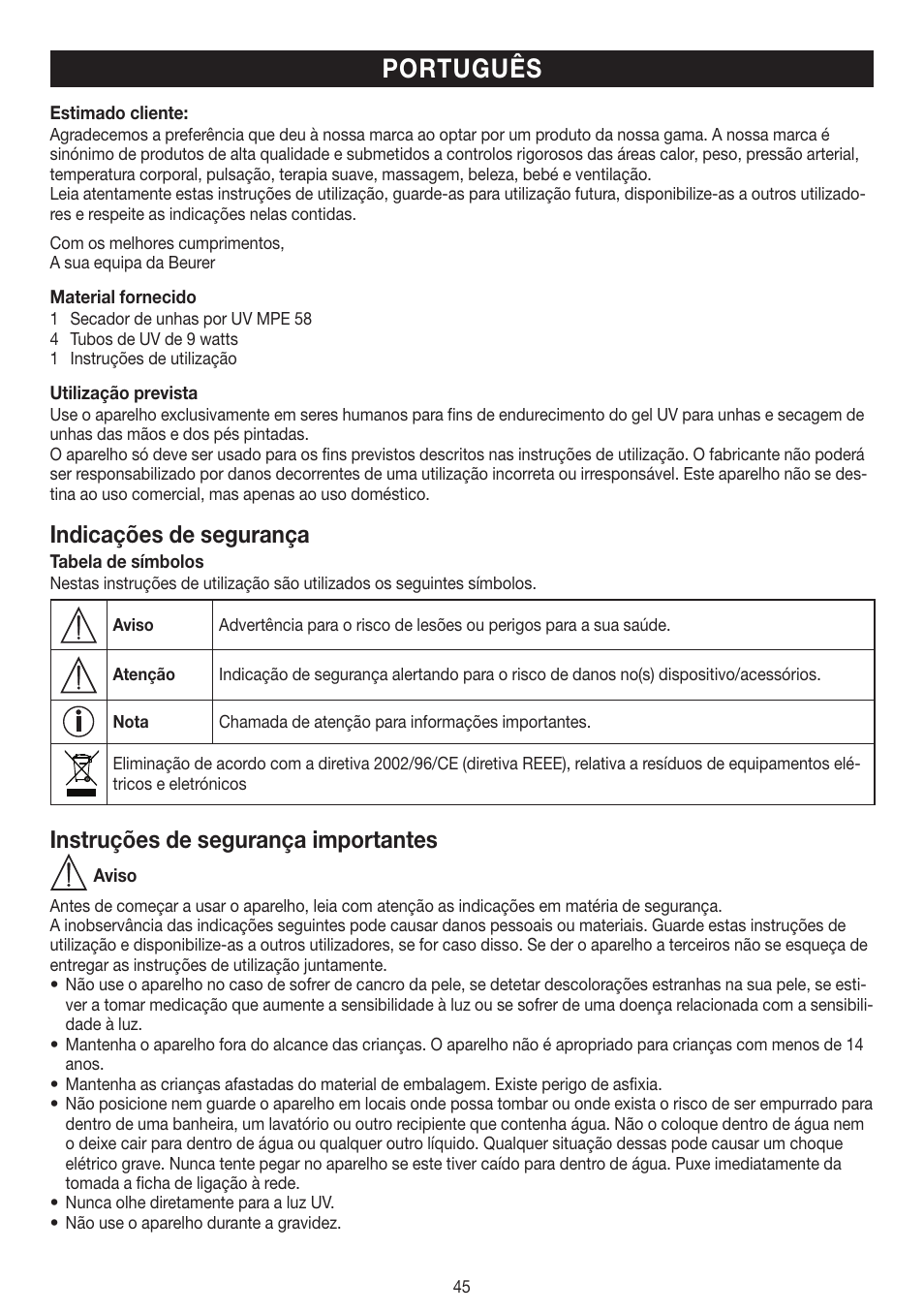 Português, Indicações de segurança, Instruções de segurança importantes | Beurer MPE 58 User Manual | Page 45 / 56