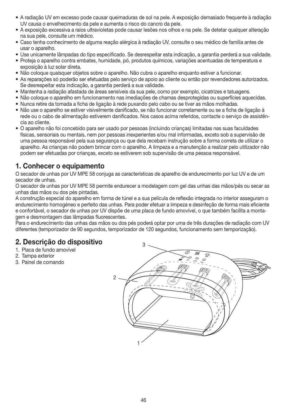 Conhecer o equipamento, Descrição do dispositivo | Beurer MPE 58 User Manual | Page 46 / 56