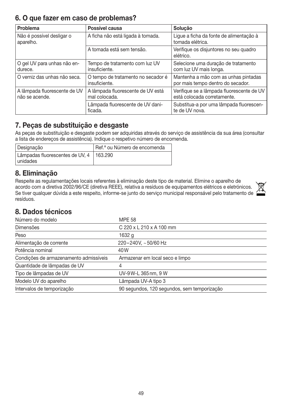 O que fazer em caso de problemas, Peças de substituição e desgaste, Eliminação | Dados técnicos | Beurer MPE 58 User Manual | Page 49 / 56