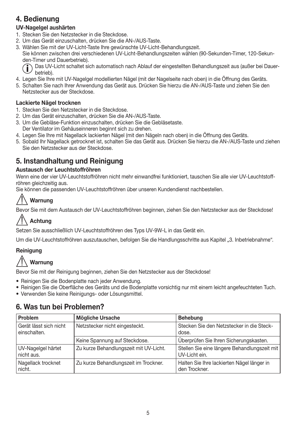 Bedienung, Instandhaltung und reinigung, Was tun bei problemen | Beurer MPE 58 User Manual | Page 5 / 56