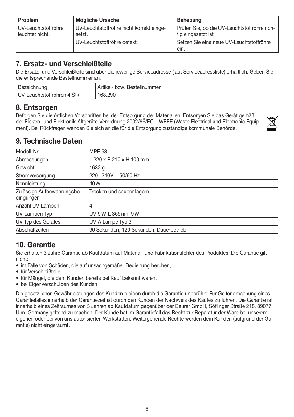 Ersatz- und verschleißteile, Entsorgen, Technische daten | Garantie | Beurer MPE 58 User Manual | Page 6 / 56