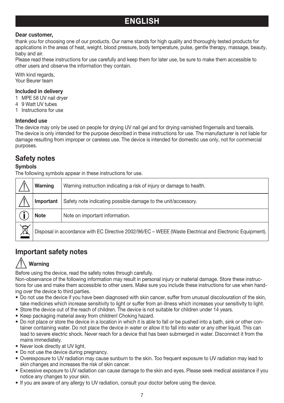 English | Beurer MPE 58 User Manual | Page 7 / 56