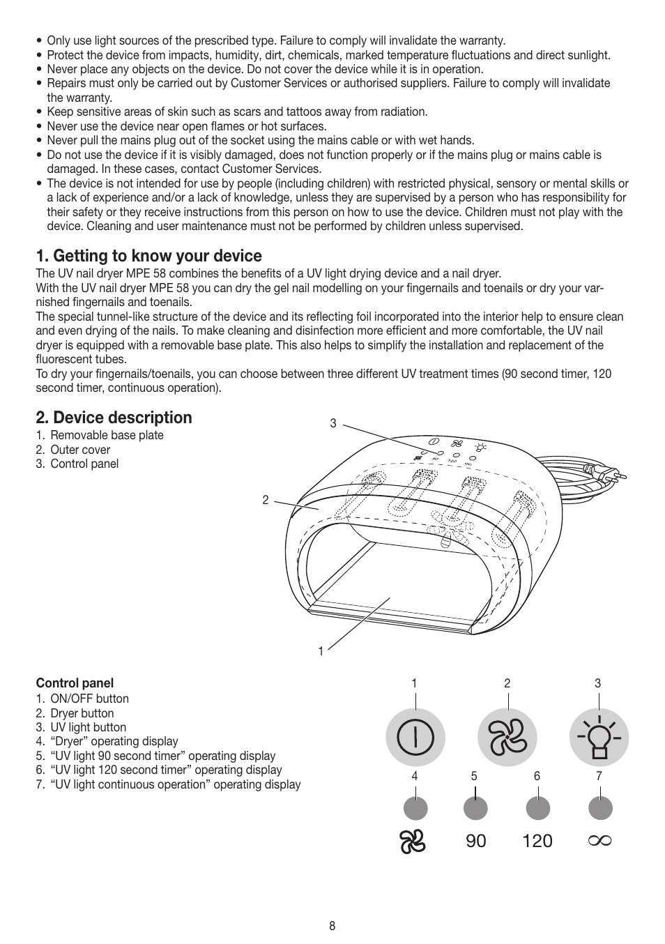 Getting to know your device, Device description | Beurer MPE 58 User Manual | Page 8 / 56