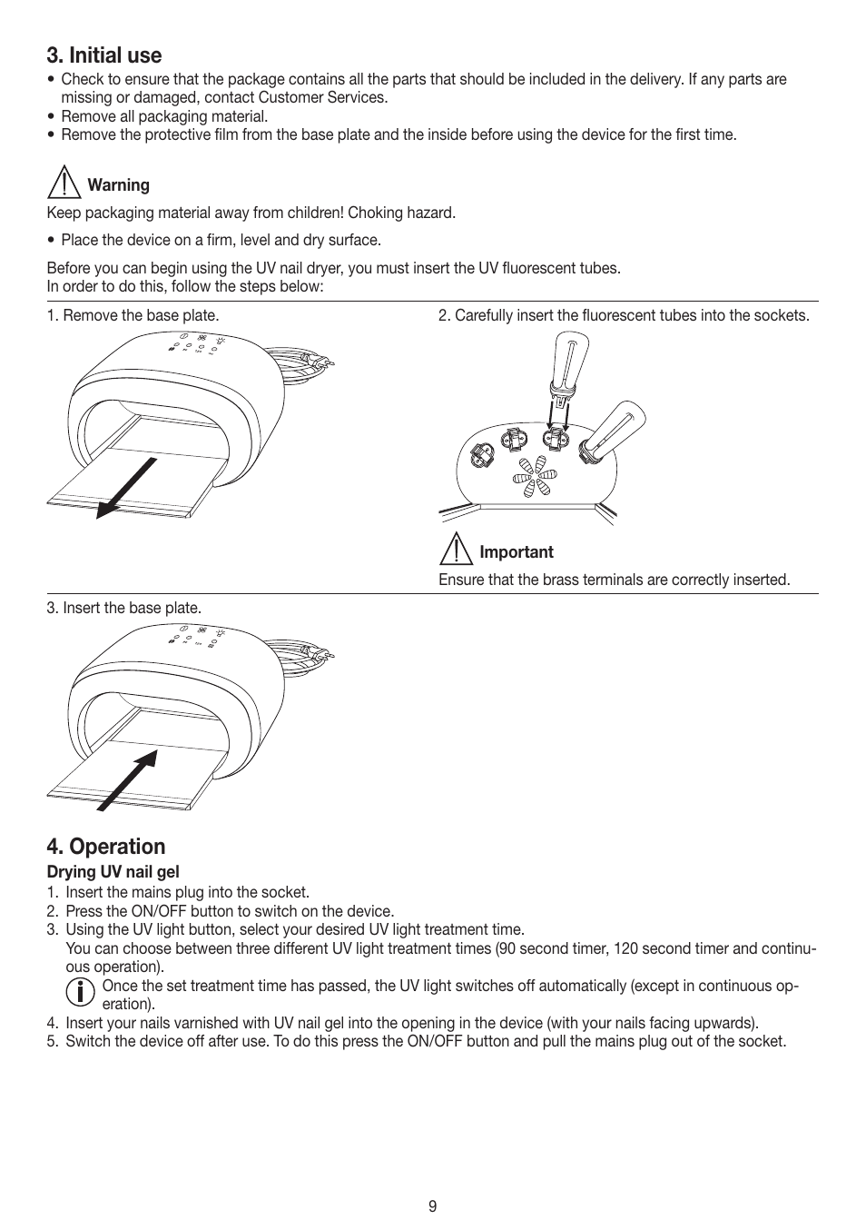 Initial use, Operation | Beurer MPE 58 User Manual | Page 9 / 56