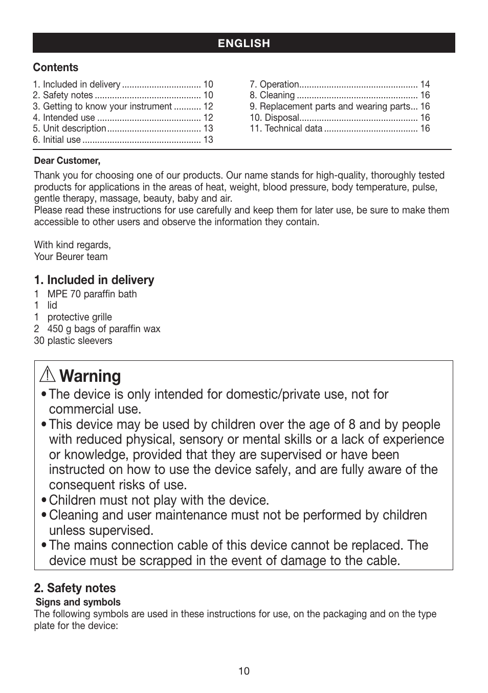 Warning | Beurer MPE 70 User Manual | Page 10 / 84