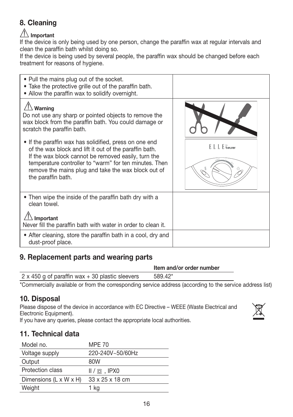 Cleaning, Replacement parts and wearing parts, Disposal | Technical data | Beurer MPE 70 User Manual | Page 16 / 84
