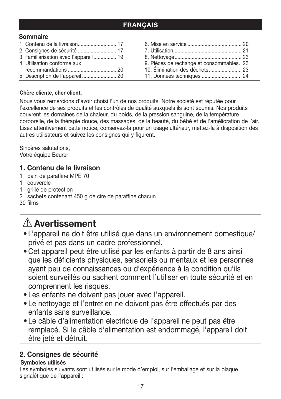 Avertissement | Beurer MPE 70 User Manual | Page 17 / 84