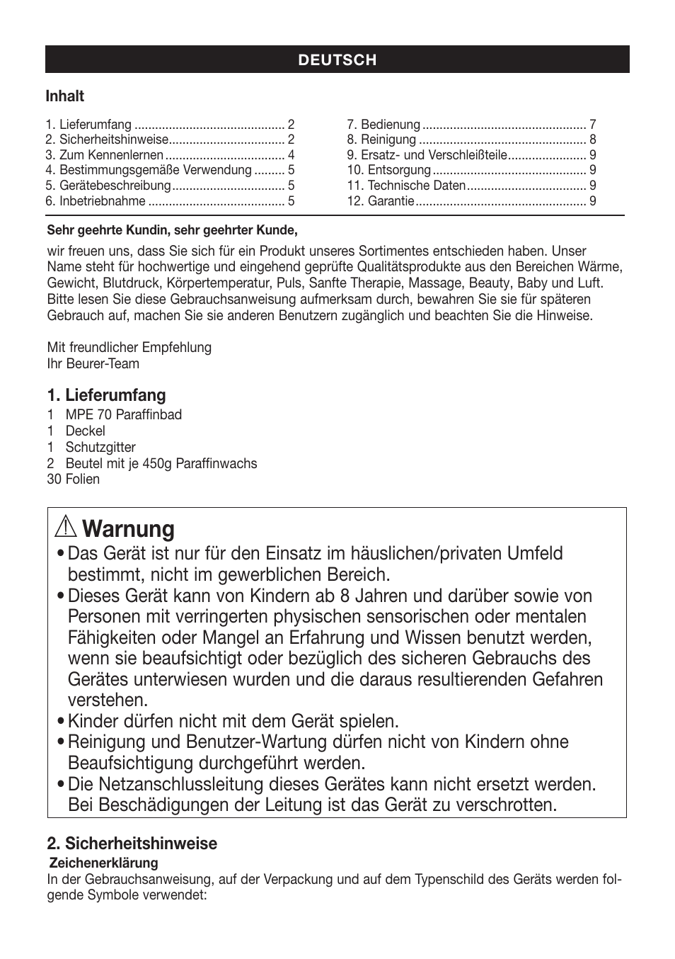 Warnung | Beurer MPE 70 User Manual | Page 2 / 84