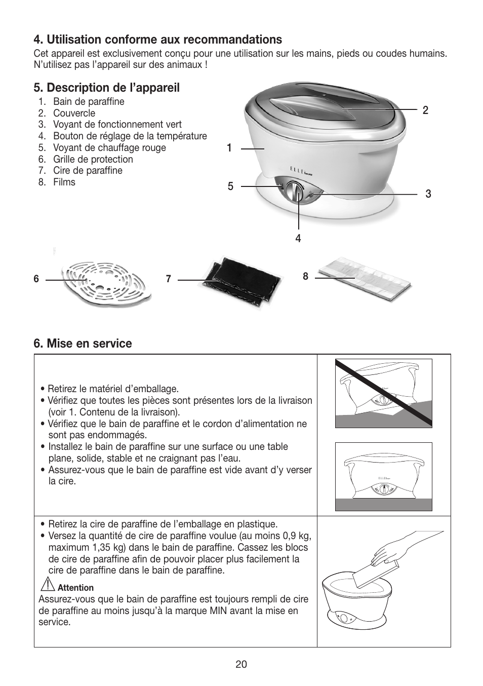 Utilisation conforme aux recommandations, Description de l’appareil, Mise en service | Beurer MPE 70 User Manual | Page 20 / 84