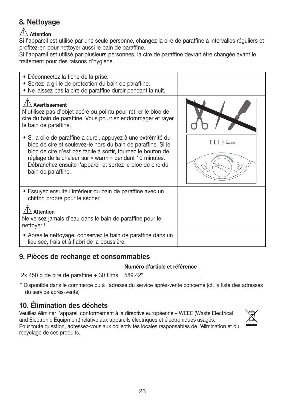 Nettoyage, Pièces de rechange et consommables, Élimination des déchets | Beurer MPE 70 User Manual | Page 23 / 84