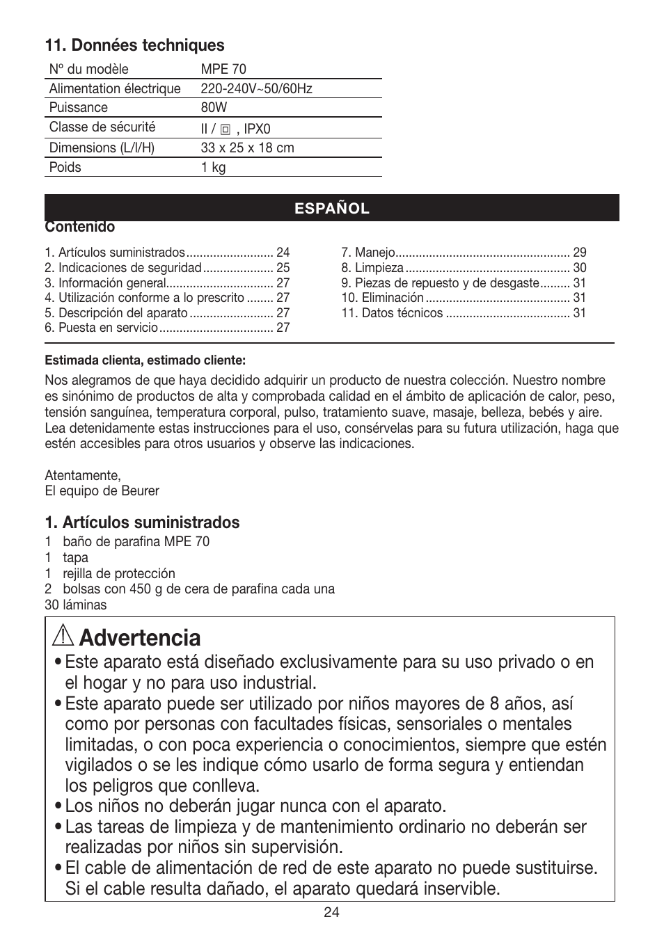 Advertencia | Beurer MPE 70 User Manual | Page 24 / 84