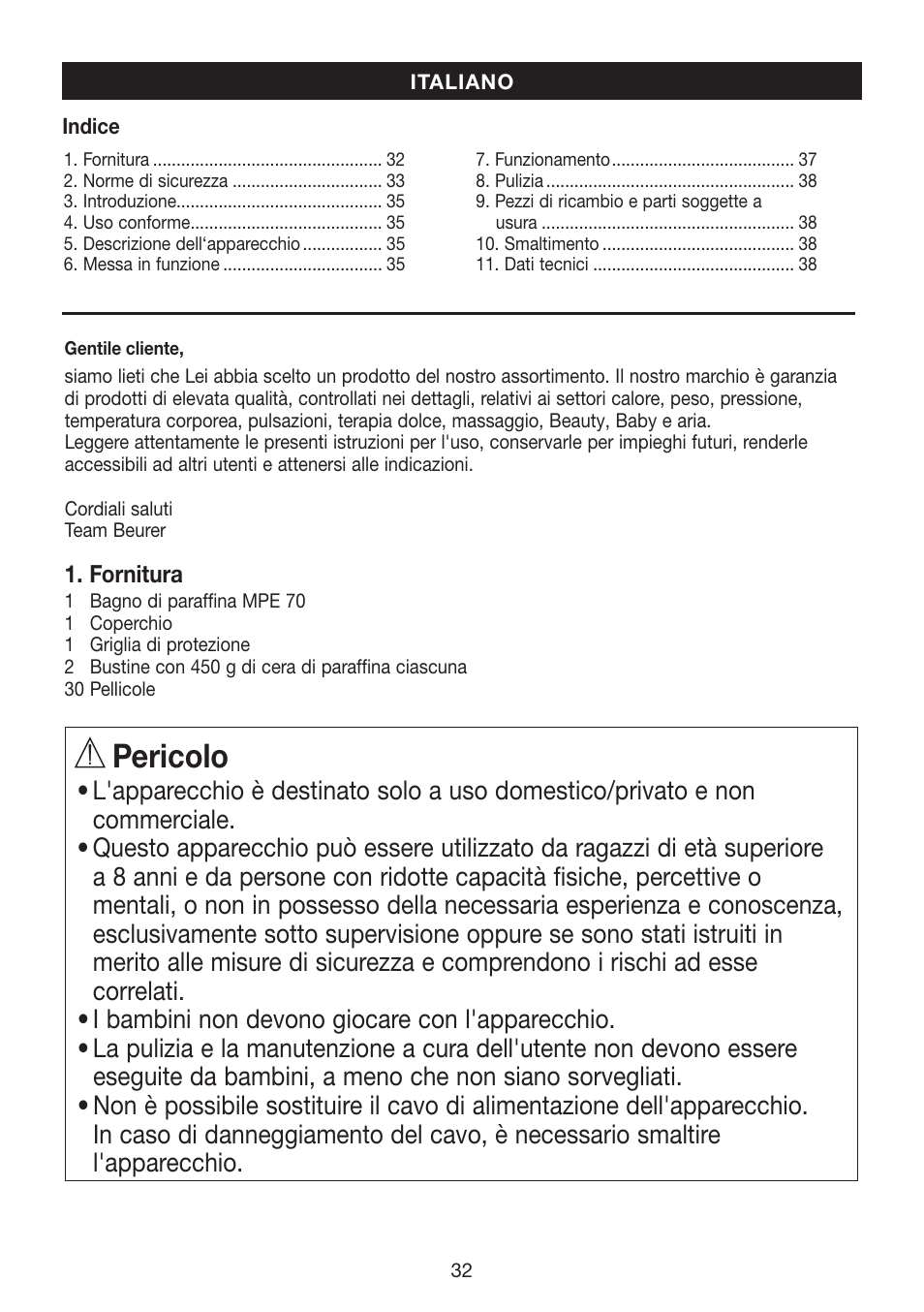 Pericolo | Beurer MPE 70 User Manual | Page 32 / 84