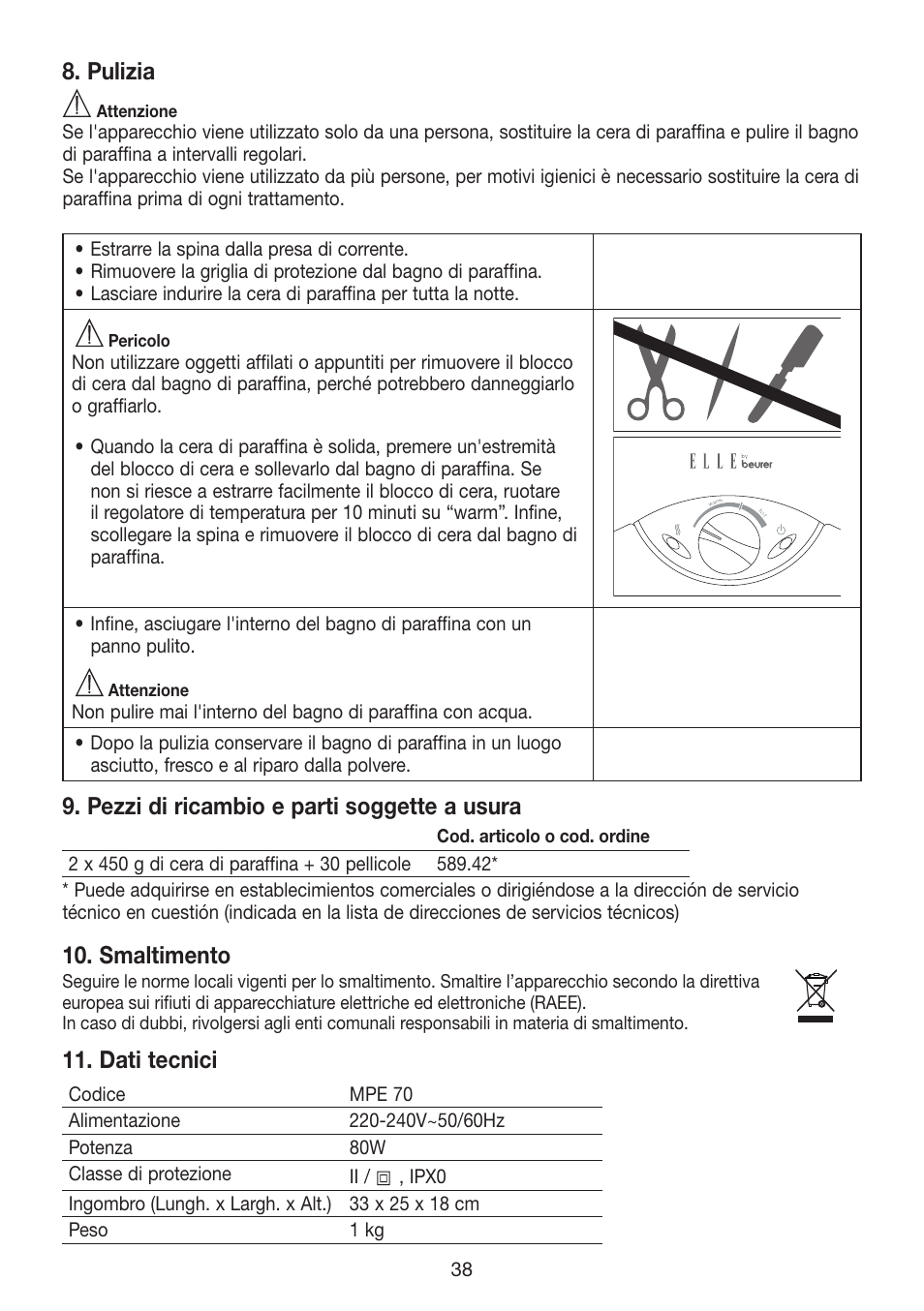 Pulizia, Pezzi di ricambio e parti soggette a usura, Smaltimento | Dati tecnici | Beurer MPE 70 User Manual | Page 38 / 84