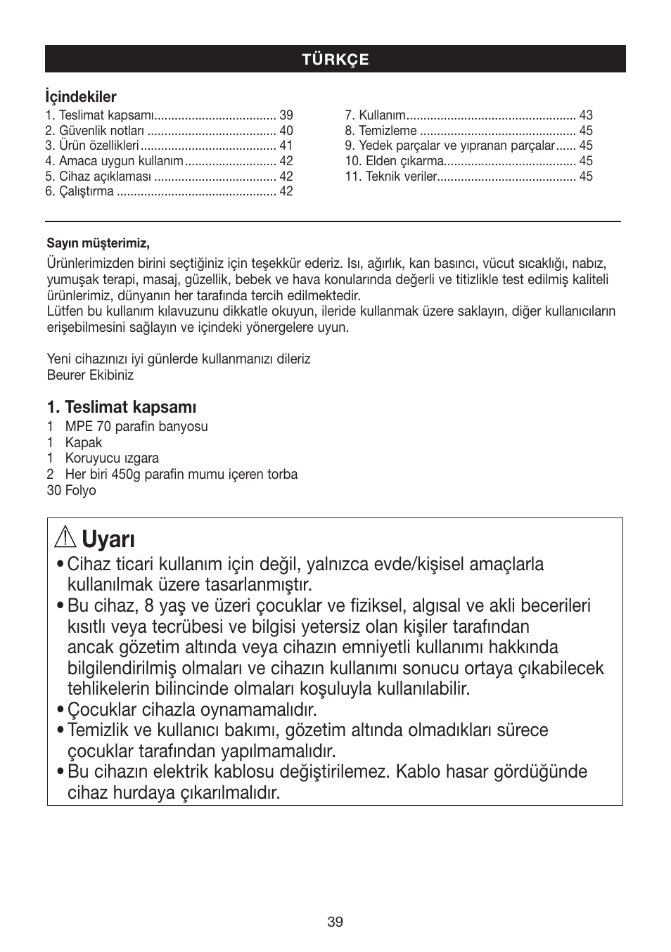 Uyarı | Beurer MPE 70 User Manual | Page 39 / 84