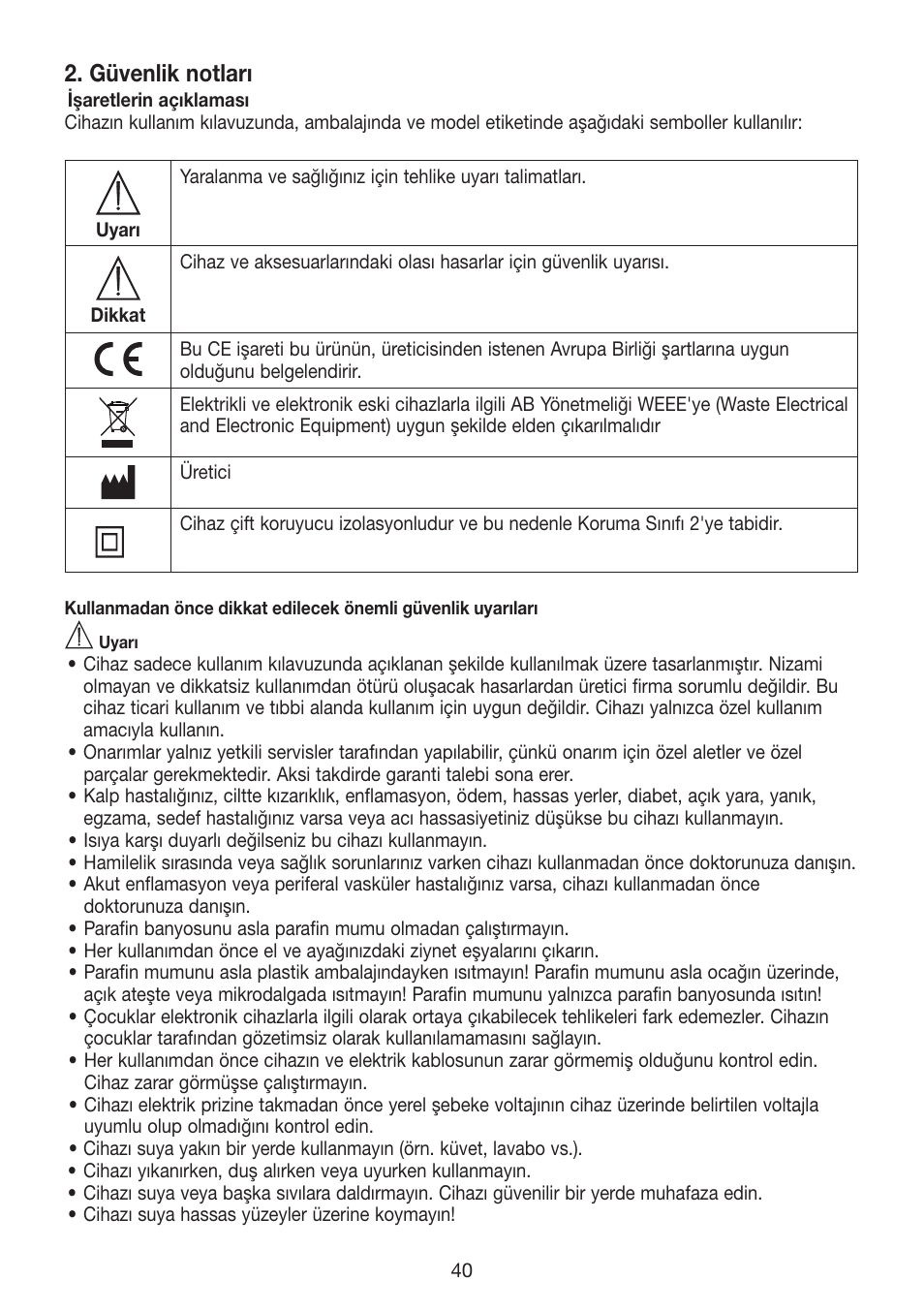 Güvenlik notları | Beurer MPE 70 User Manual | Page 40 / 84