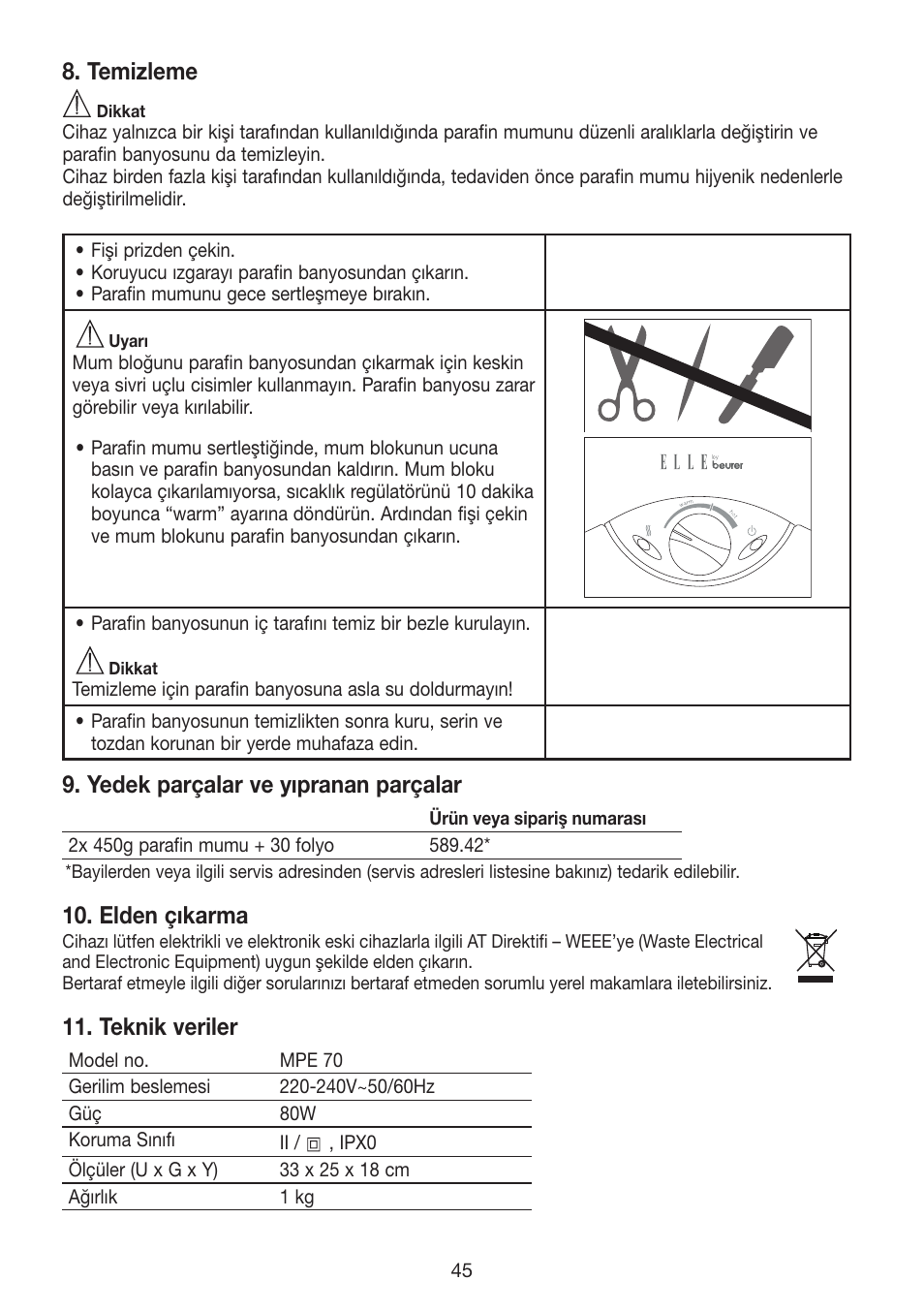 Temizleme, Yedek parçalar ve yıpranan parçalar, Elden çıkarma | Teknik veriler | Beurer MPE 70 User Manual | Page 45 / 84