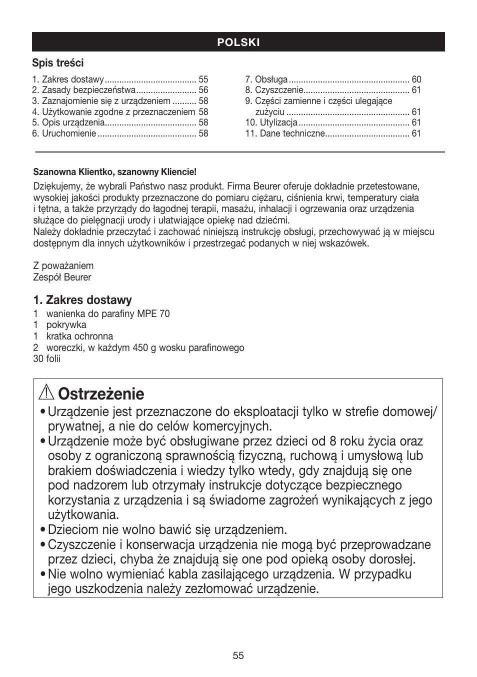 Ostrzeżenie | Beurer MPE 70 User Manual | Page 55 / 84