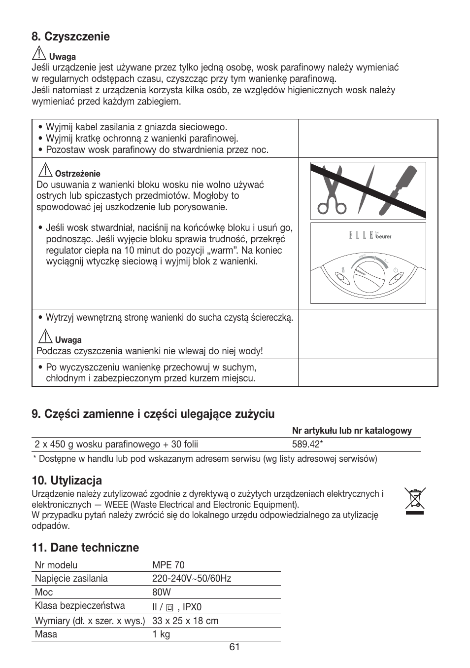 Czyszczenie, Części zamienne i części ulegające zużyciu, Utylizacja | Dane techniczne | Beurer MPE 70 User Manual | Page 61 / 84