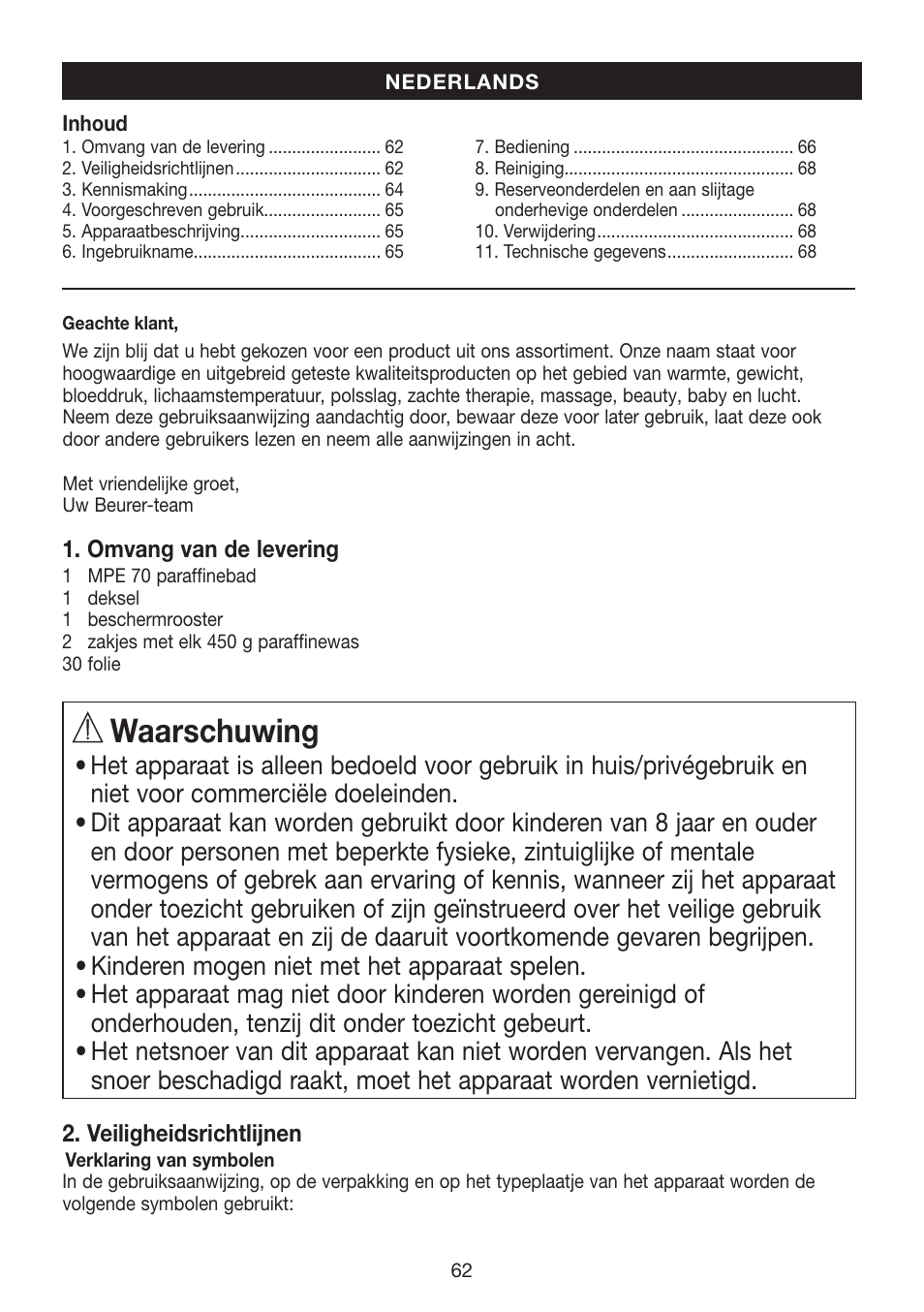 Waarschuwing | Beurer MPE 70 User Manual | Page 62 / 84