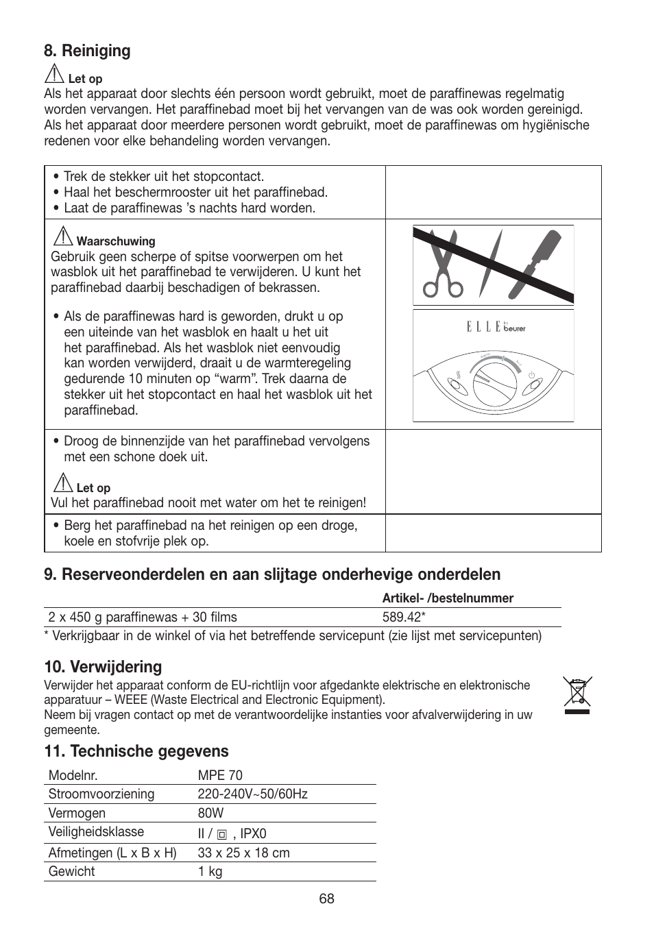 Reiniging, Verwijdering, Technische gegevens | Beurer MPE 70 User Manual | Page 68 / 84