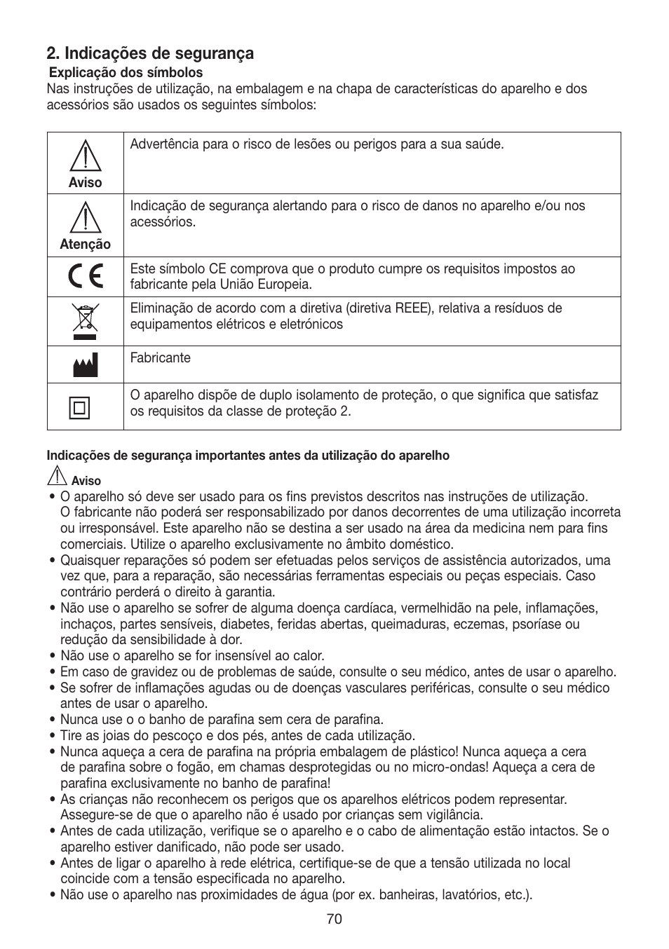 Indicações de segurança | Beurer MPE 70 User Manual | Page 70 / 84