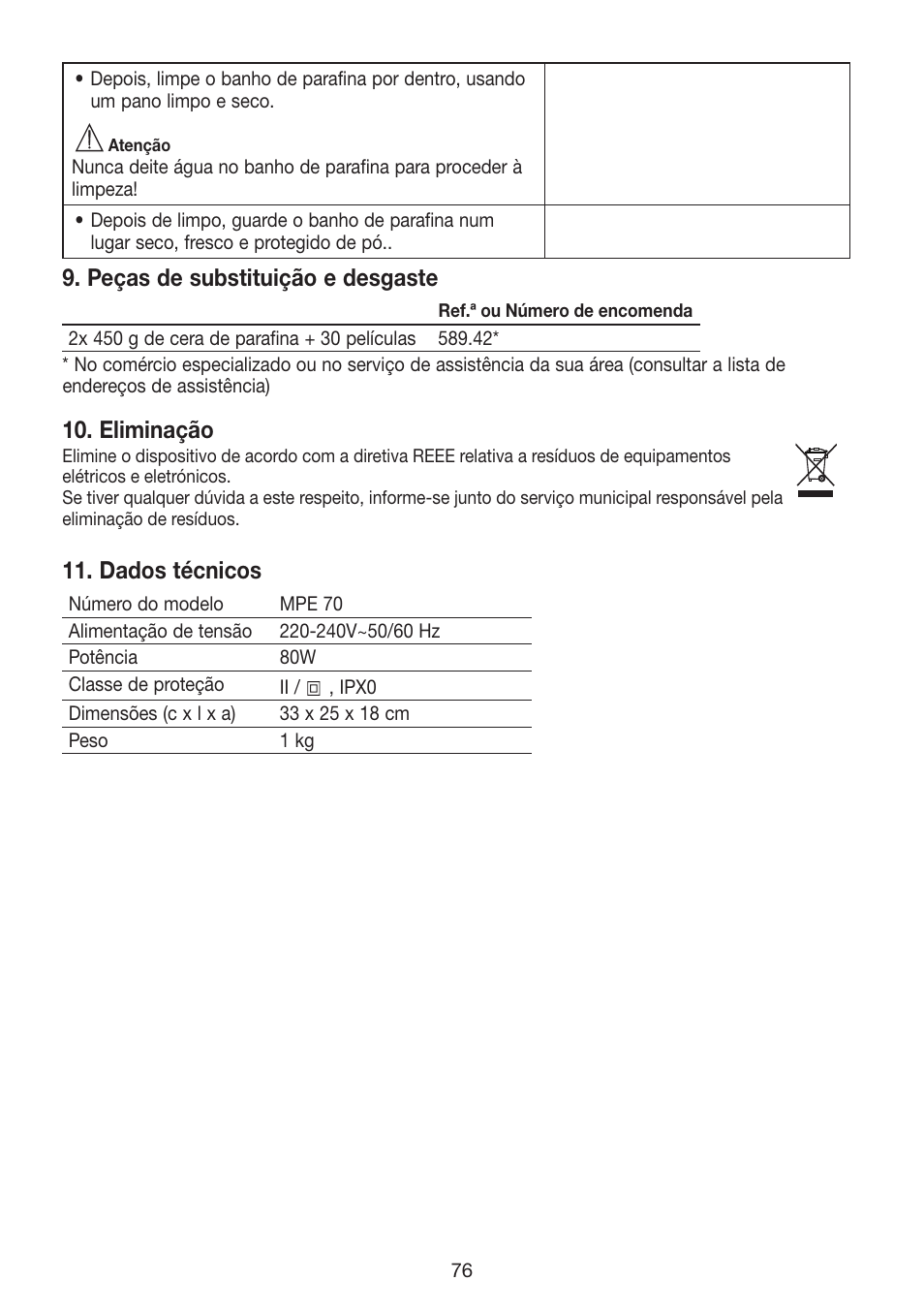 Peças de substituição e desgaste, Eliminação, Dados técnicos | Beurer MPE 70 User Manual | Page 76 / 84
