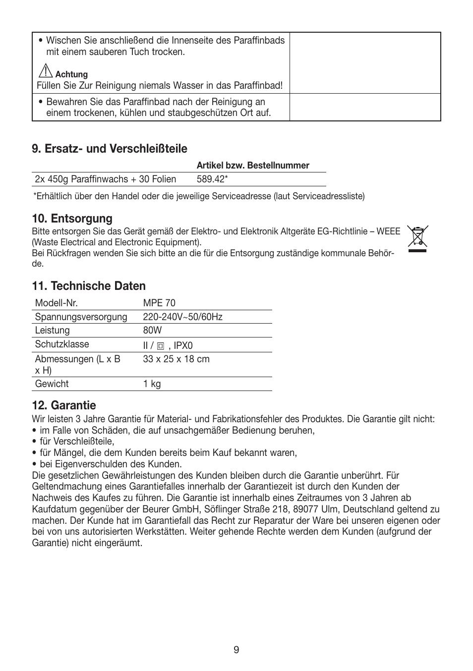 Ersatz- und verschleißteile, Entsorgung, Technische daten | Garantie | Beurer MPE 70 User Manual | Page 9 / 84