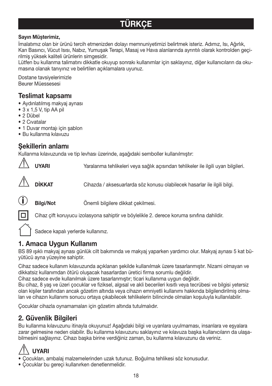 Türkçe, Teslimat kapsamı, Şekillerin anlamı | Amaca uygun kullanım, Güvenlik bilgileri | Beurer BS 89 User Manual | Page 18 / 36
