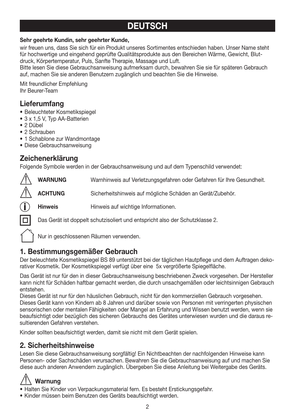 Deutsch, Lieferumfang, Zeichenerklärung | Bestimmungsgemäßer gebrauch, Sicherheitshinweise | Beurer BS 89 User Manual | Page 2 / 36