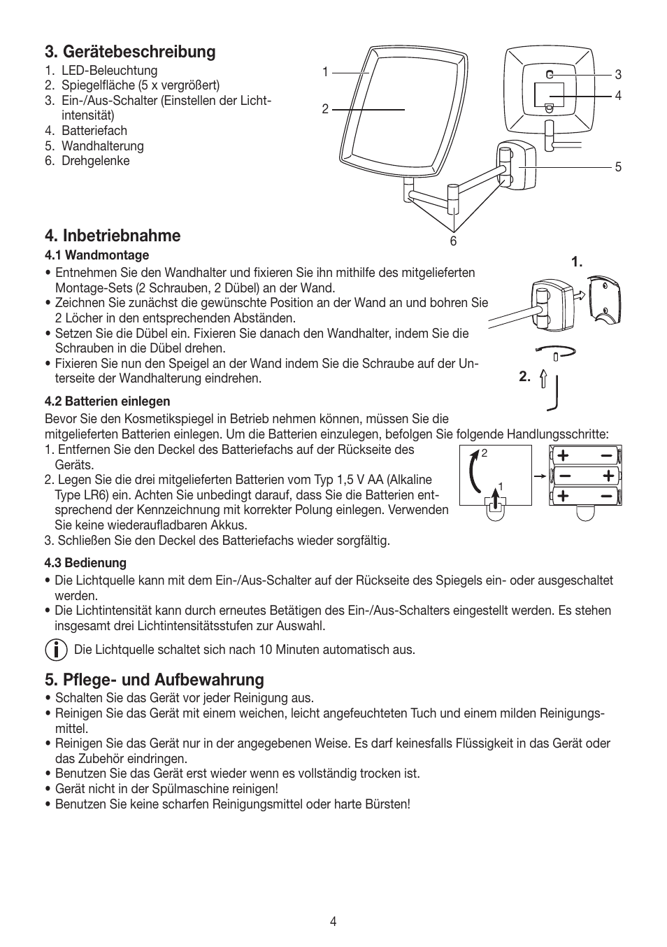 Gerätebeschreibung, Inbetriebnahme, Pflege- und aufbewahrung | Beurer BS 89 User Manual | Page 4 / 36