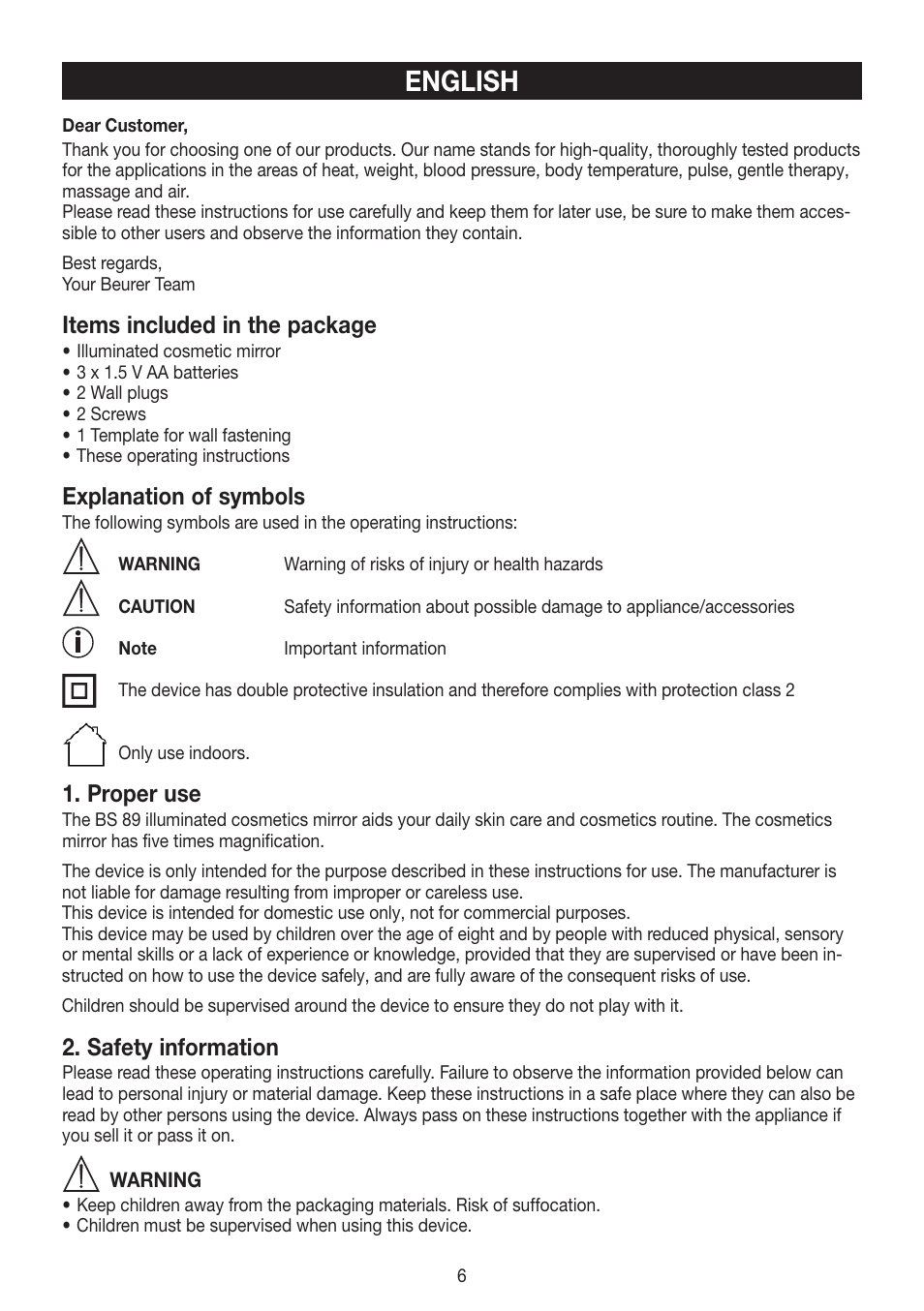 English, Items included in the package, Explanation of symbols | Proper use, Safety information | Beurer BS 89 User Manual | Page 6 / 36