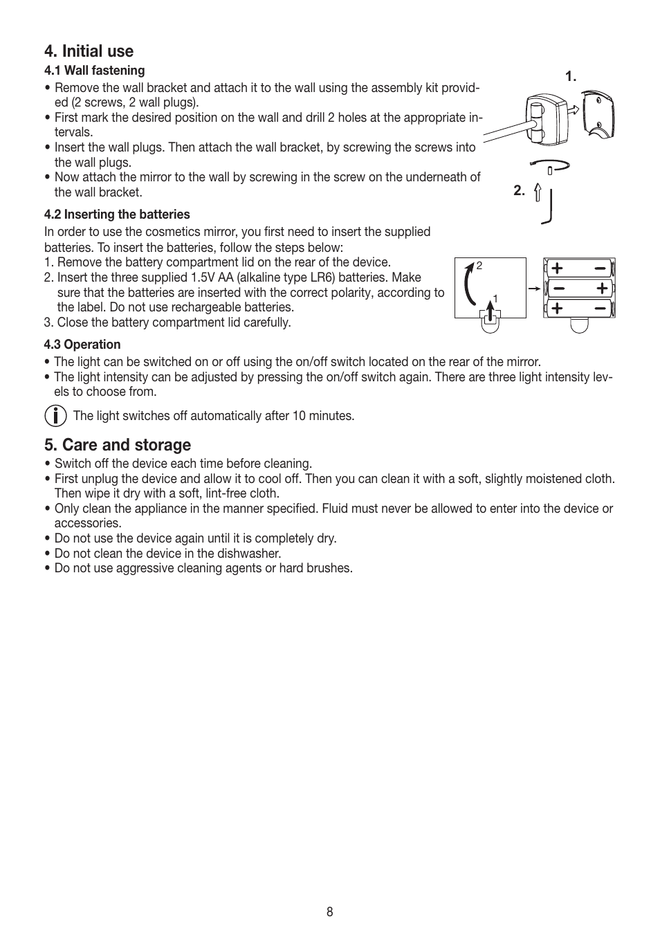 Initial use, Care and storage | Beurer BS 89 User Manual | Page 8 / 36