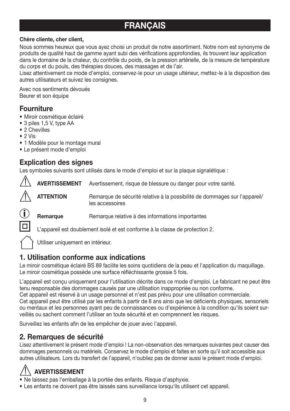 Français, Fourniture, Explication des signes | Utilisation conforme aux indications, Remarques de sécurité | Beurer BS 89 User Manual | Page 9 / 36