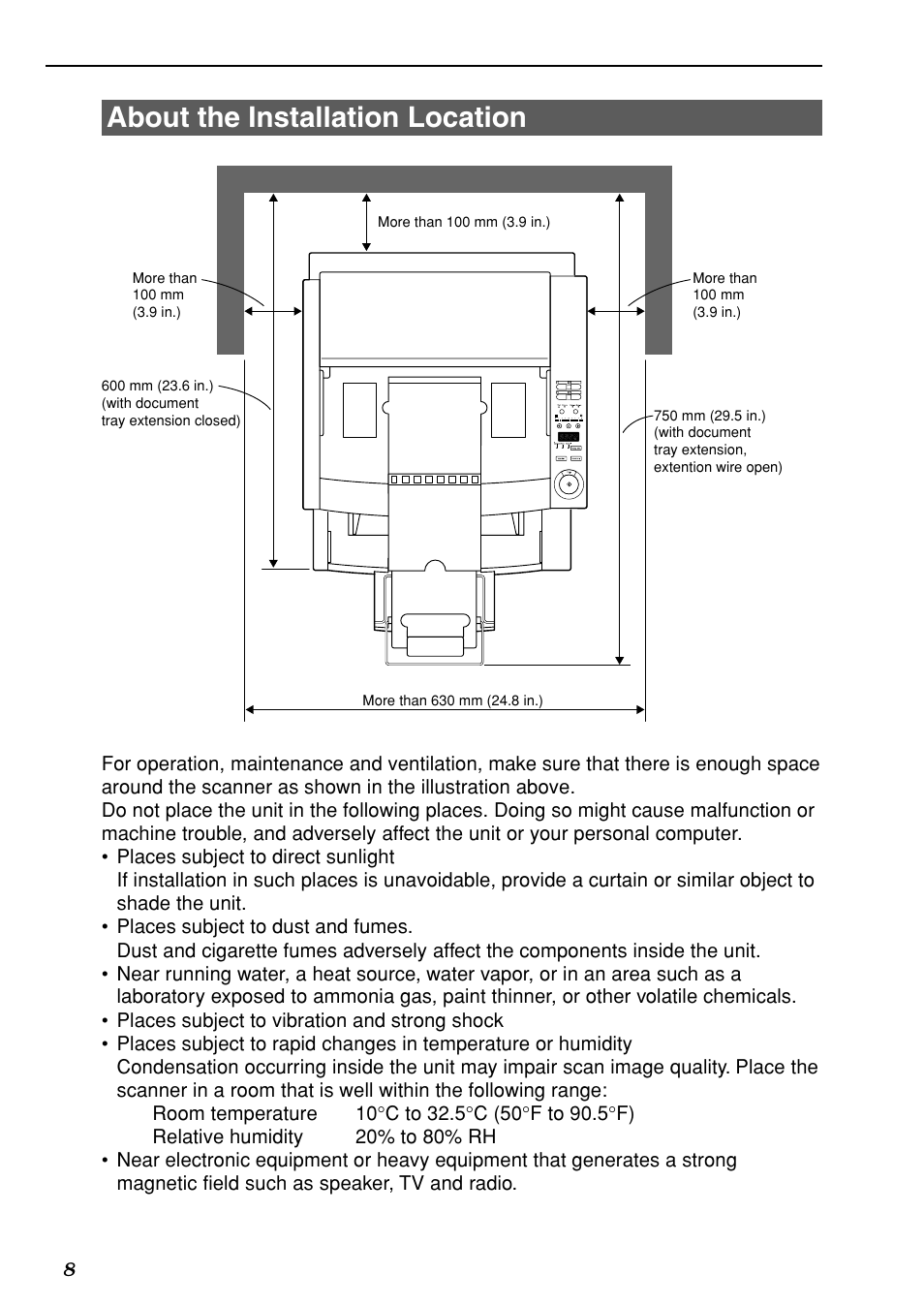 About the installation location | Canon DR-5020 User Manual | Page 10 / 95