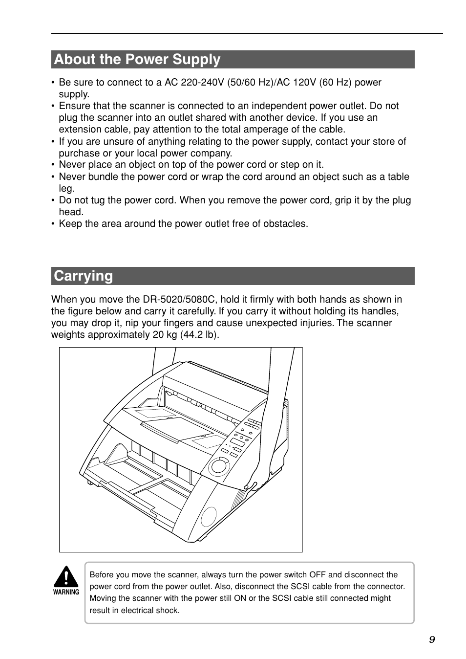 About the power supply, Carrying | Canon DR-5020 User Manual | Page 11 / 95