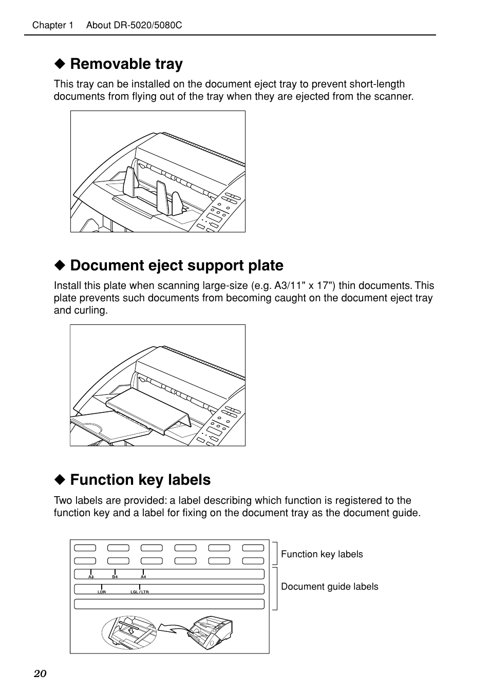 Removable tray, Document eject support plate, Function key labels | Canon DR-5020 User Manual | Page 21 / 95