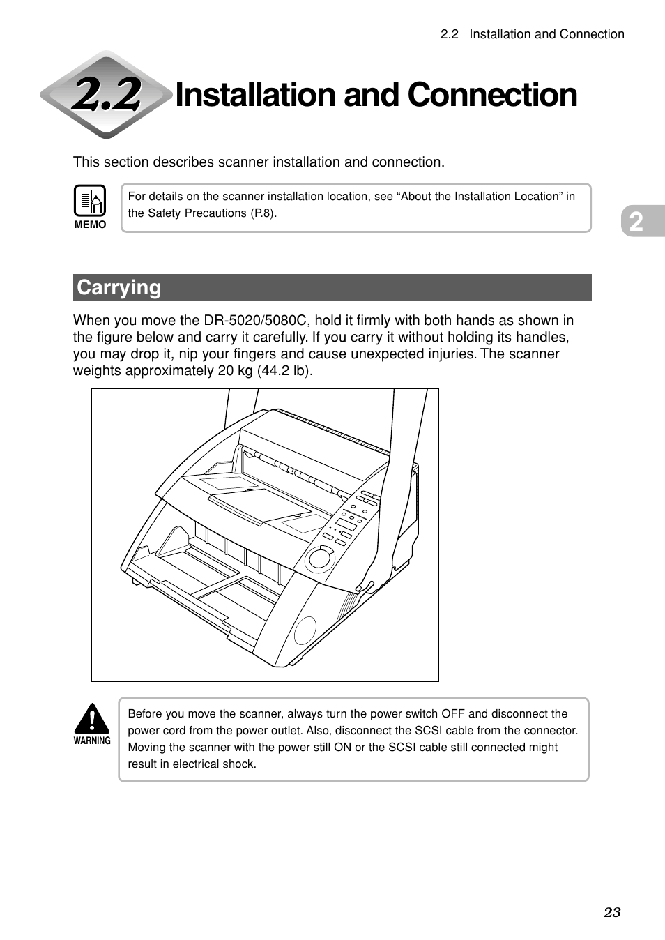 Installation and connection, Carrying | Canon DR-5020 User Manual | Page 24 / 95