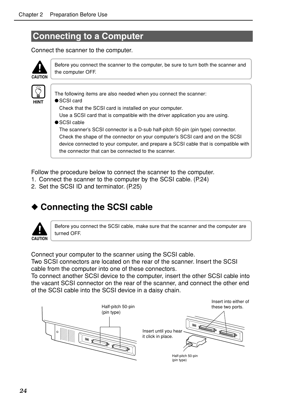 Connecting to a computer, Connecting the scsi cable | Canon DR-5020 User Manual | Page 25 / 95