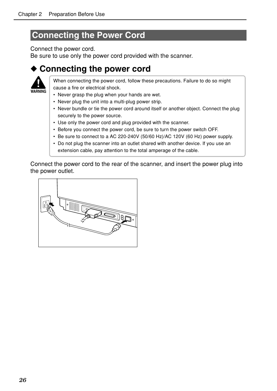 Connecting the power cord | Canon DR-5020 User Manual | Page 27 / 95