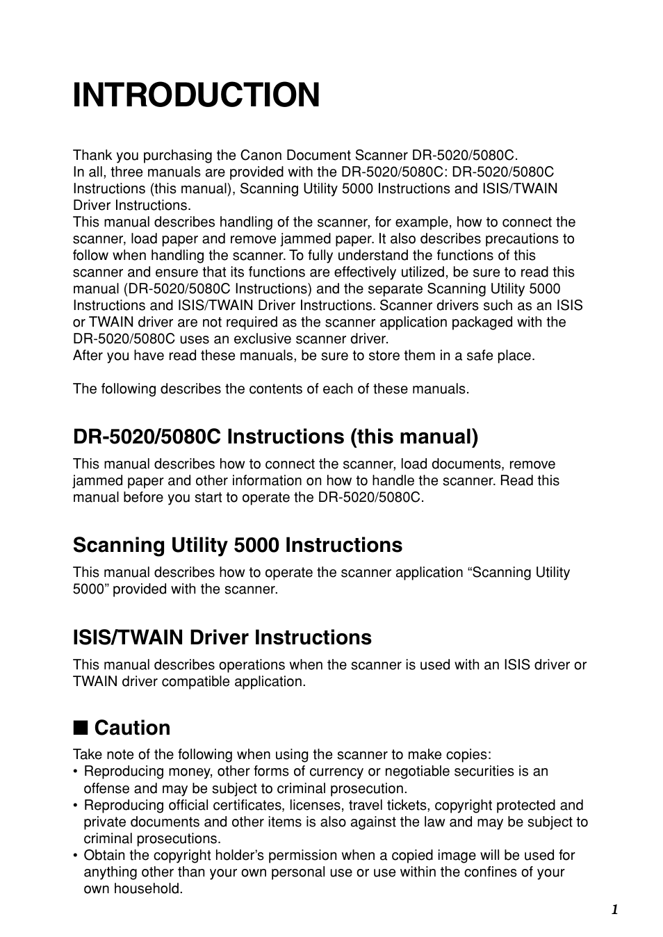 Introduction, Scanning utility 5000 instructions, Isis/twain driver instructions | Caution | Canon DR-5020 User Manual | Page 3 / 95