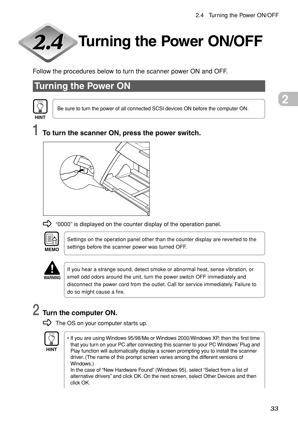Turning the power on/off, Turning the power on | Canon DR-5020 User Manual | Page 34 / 95