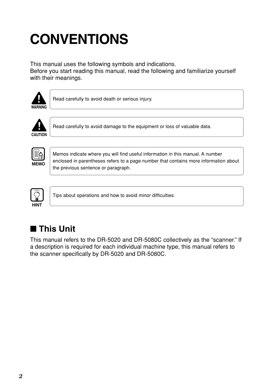 Conventions, This unit | Canon DR-5020 User Manual | Page 4 / 95