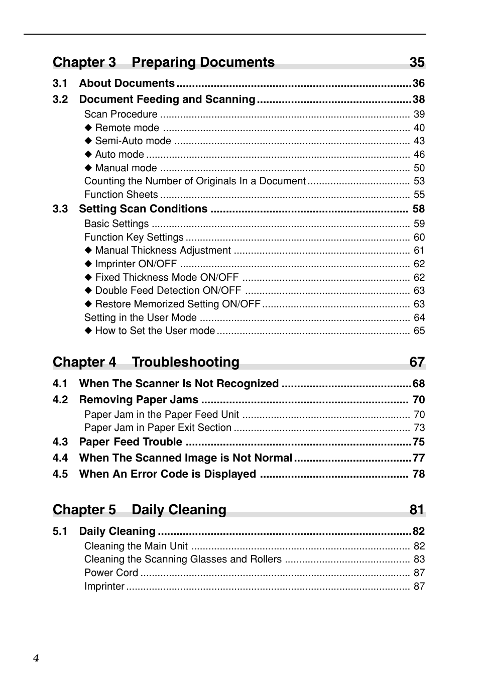 Chapter 3 preparing documents 35, Chapter 4 troubleshooting 67, Chapter 5 daily cleaning 81 | Canon DR-5020 User Manual | Page 6 / 95