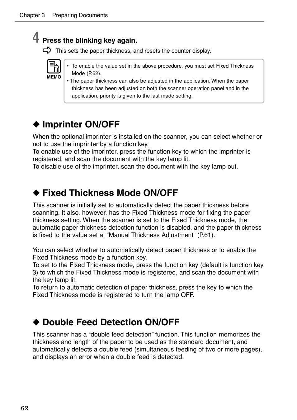 Double feed detection on/off, Imprinter on/off, Fixed thickness mode on/off | Canon DR-5020 User Manual | Page 63 / 95