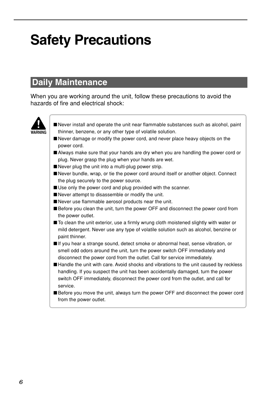 Safety precautions, Daily maintenance | Canon DR-5020 User Manual | Page 8 / 95