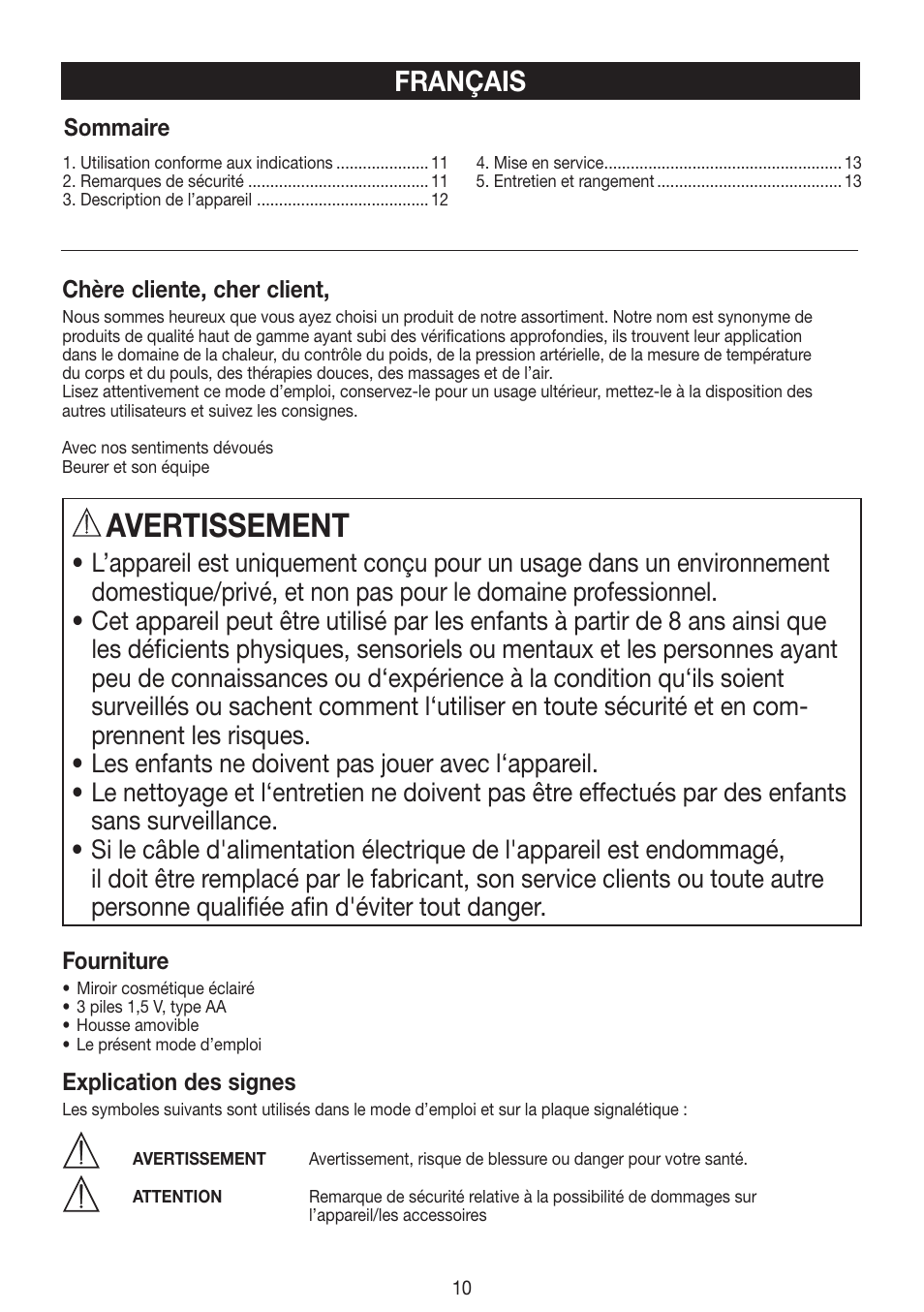 Avertissement, Français | Beurer BS 99 User Manual | Page 10 / 48