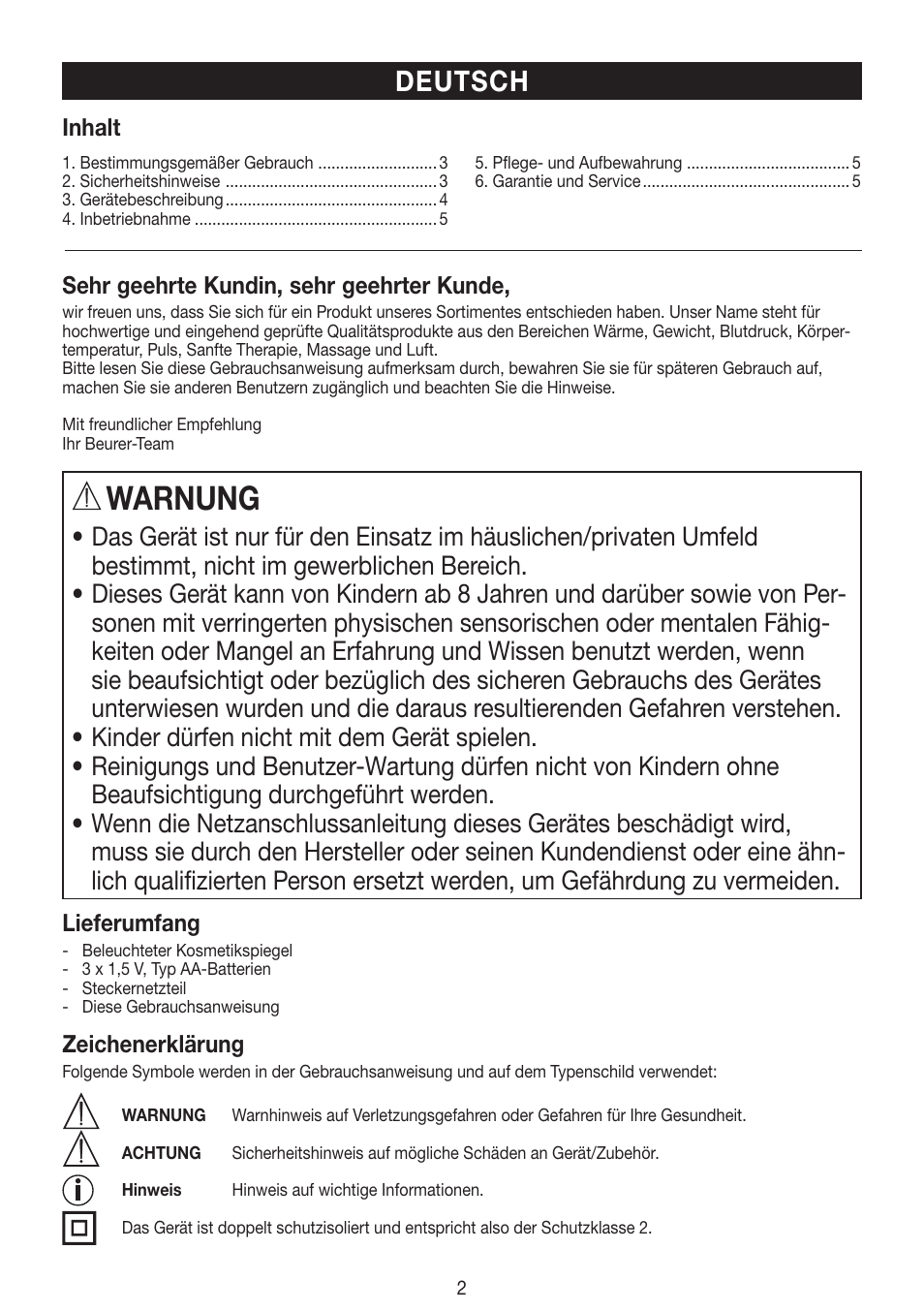 Warnung, Deutsch | Beurer BS 99 User Manual | Page 2 / 48