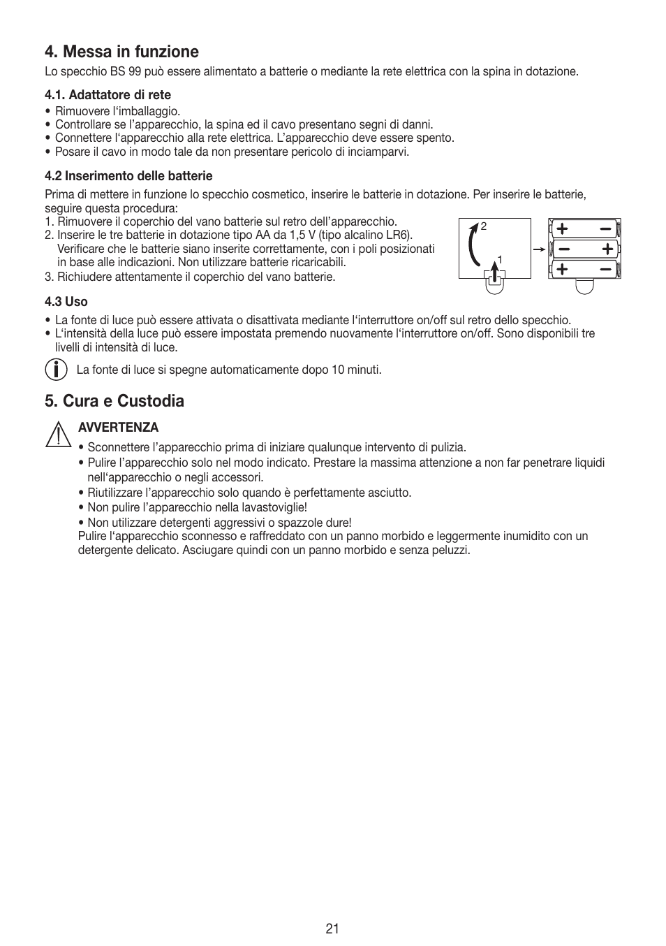 Messa in funzione, Cura e custodia | Beurer BS 99 User Manual | Page 21 / 48