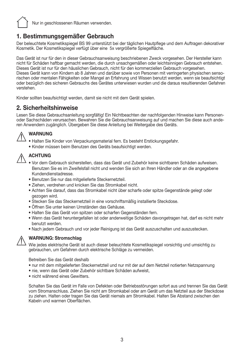 Bestimmungsgemäßer gebrauch, Sicherheitshinweise | Beurer BS 99 User Manual | Page 3 / 48
