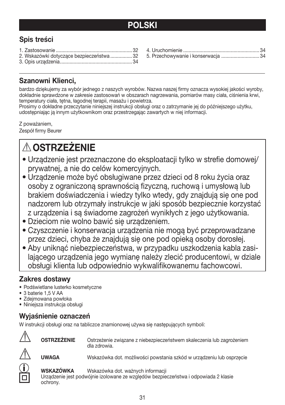 Ostrzeżenie, Polski | Beurer BS 99 User Manual | Page 31 / 48